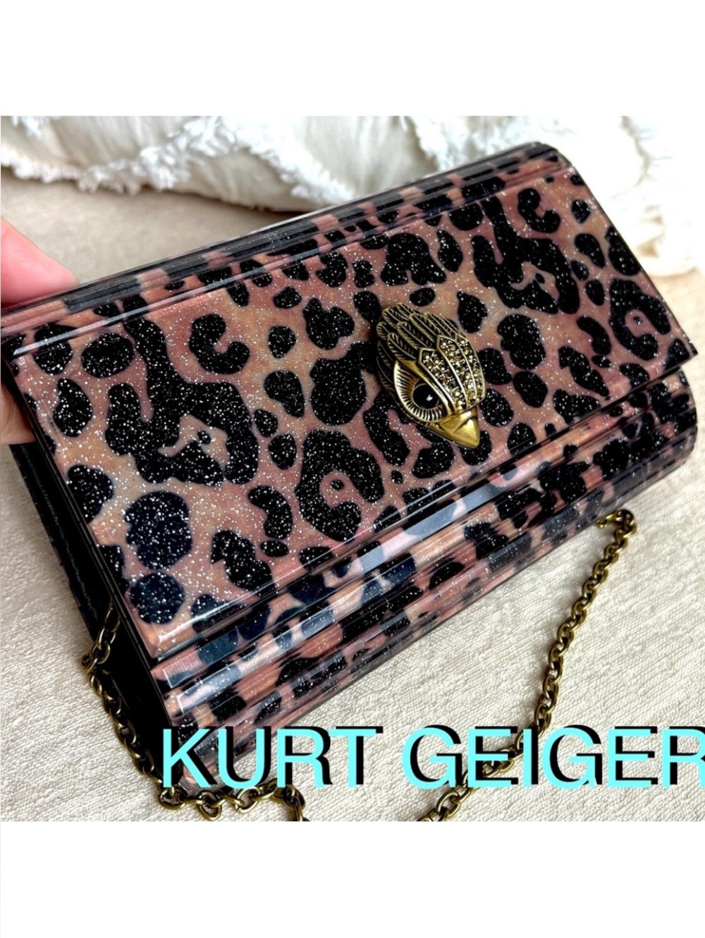 KURT GEIGER Kensington Eagle Party Acrylic clutch on chain leopard animal print